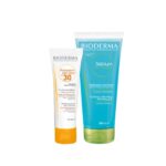 BIODERMA SET Photoderm AKN Mat SPF 30 со Sebium Gel - Заштитен матирачки флуид за комбинирана и мрсна кожа и гел за миење 200мл