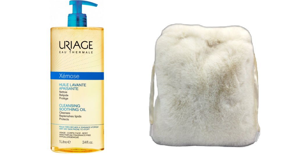 set-uriage-huile.jpg URIAGE SET XEMOSE HUILE со Пуфкаст несесер Mаслена купка за капење и смирување на кожата 500ml - Image 1